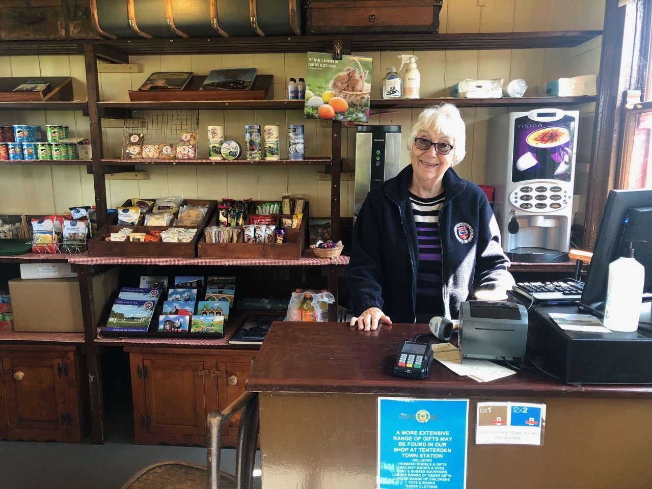 Eileen waiting to greet passengers at Bodiam Shop Image: Frankie Grigg Eileen waiting to greet passengers at Bodiam Shop Image: Frankie Grigg